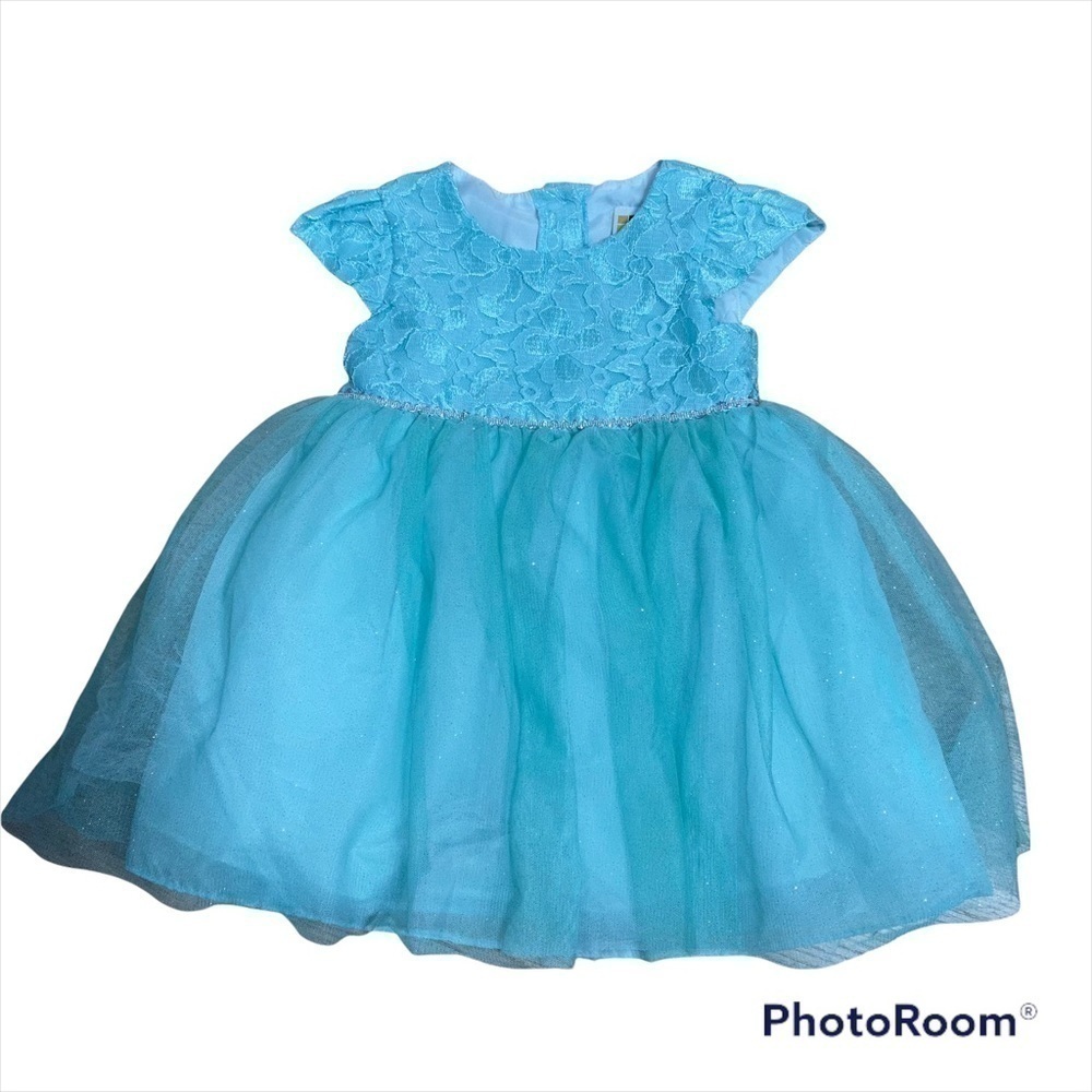 Healthtex Floral Tulle Dress Sz 2T Silver Empire Waist Band Girls Toddler Blue